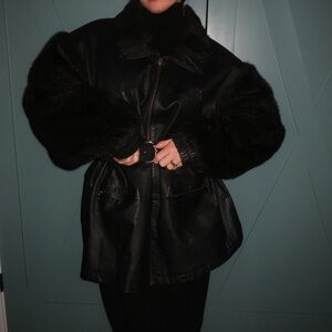Avenue Black Leather Jacket with Faux Fur Sleeves🐻